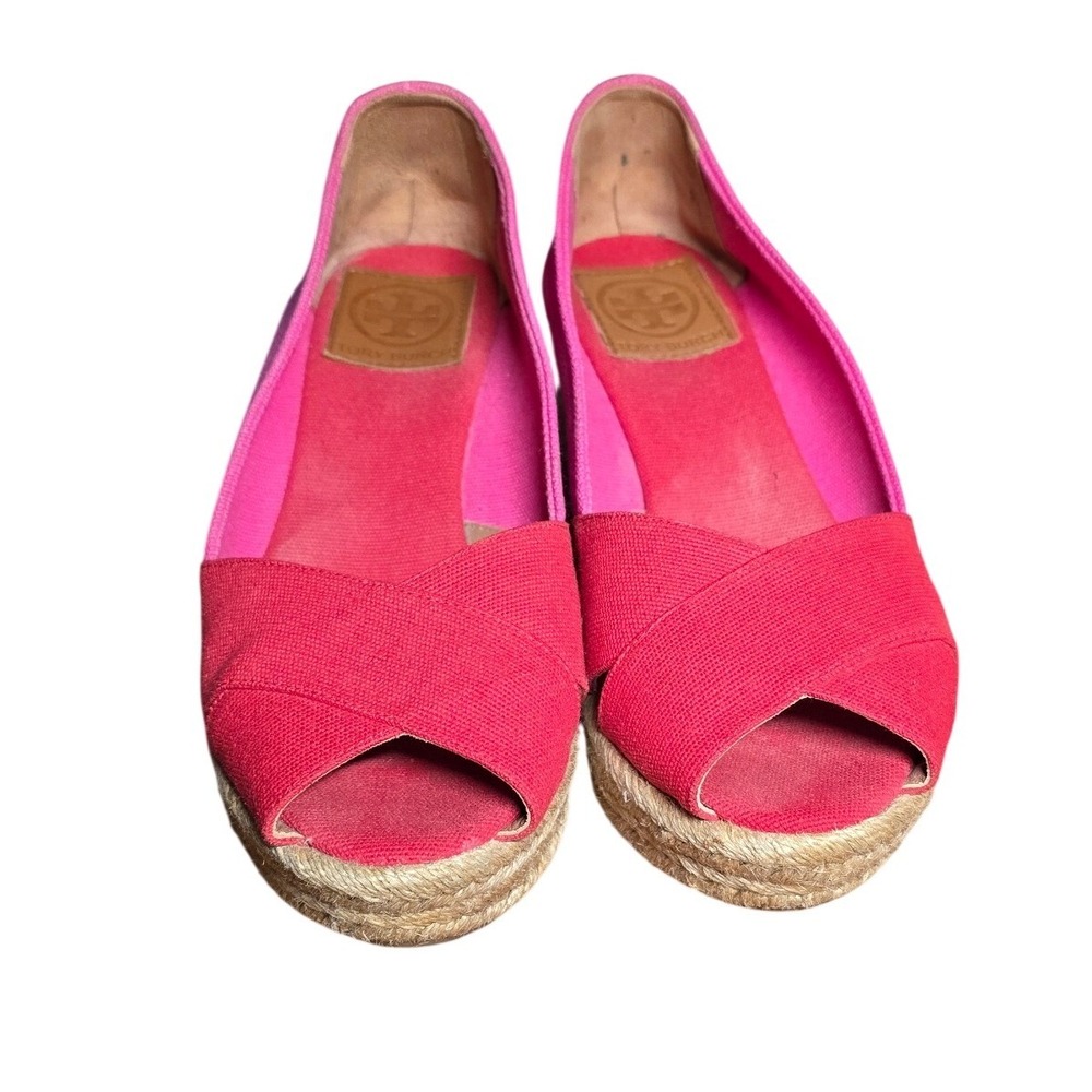 Tory Burch Womens Pink Red Canvas Espadrille Wedge Sandals Size 8.5 B Made Spain - Picture 8 of 8